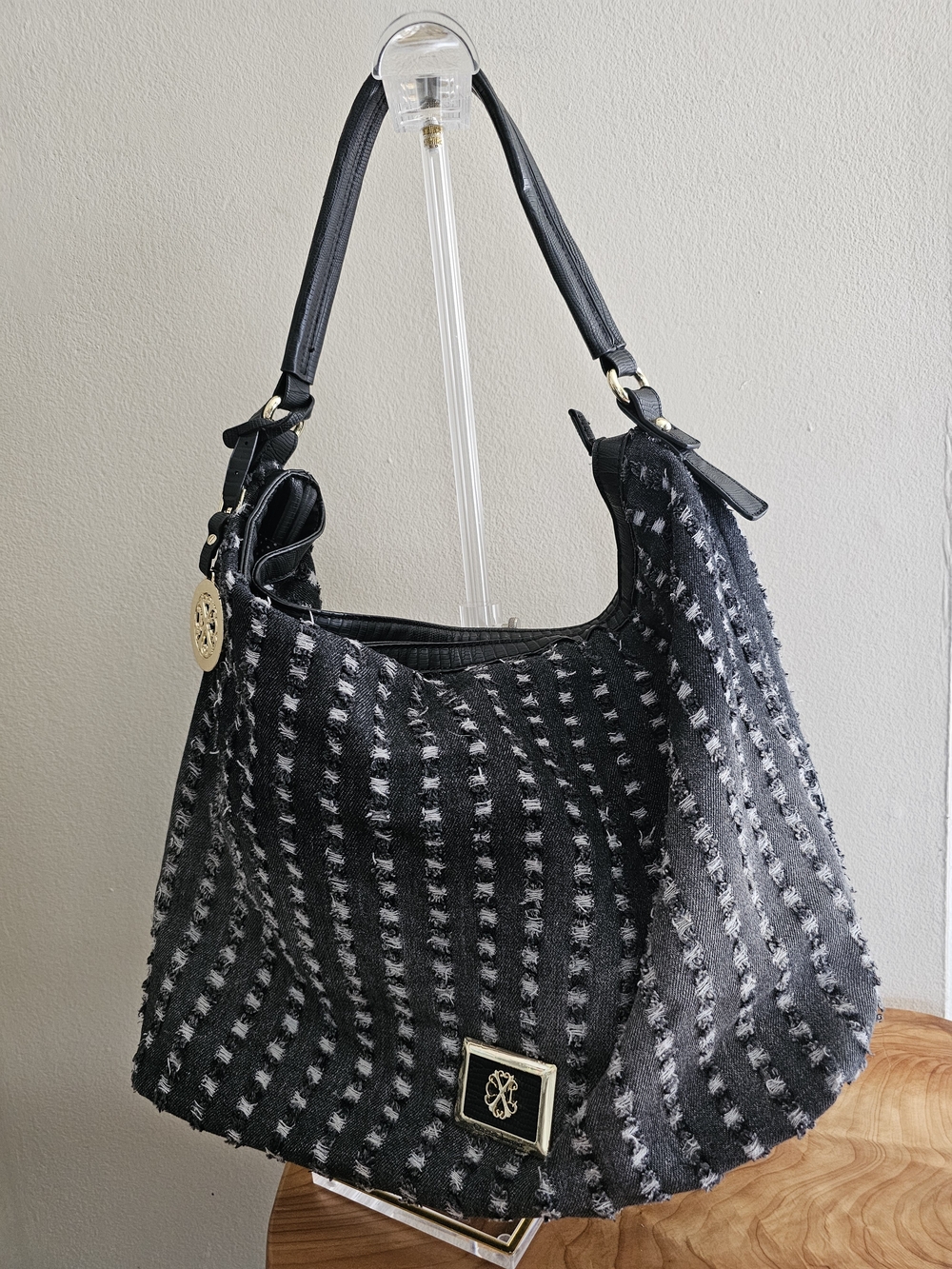 Christian Lacroix Black and White Patterned Hobo Bag with Gold Accents - Picture 2 of 6